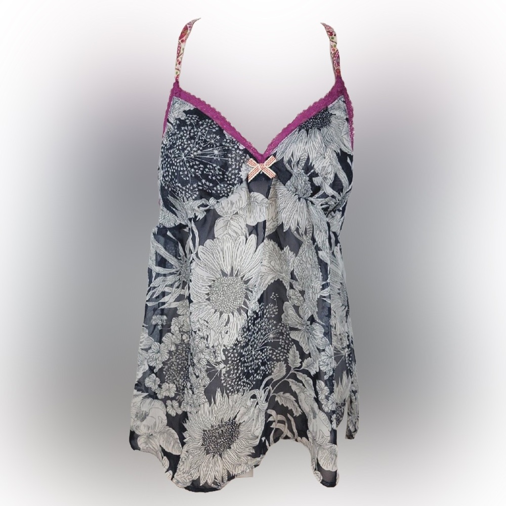 Liberty of London for Target Blue & White Floral Semi Sheer Lace Trim Cami small